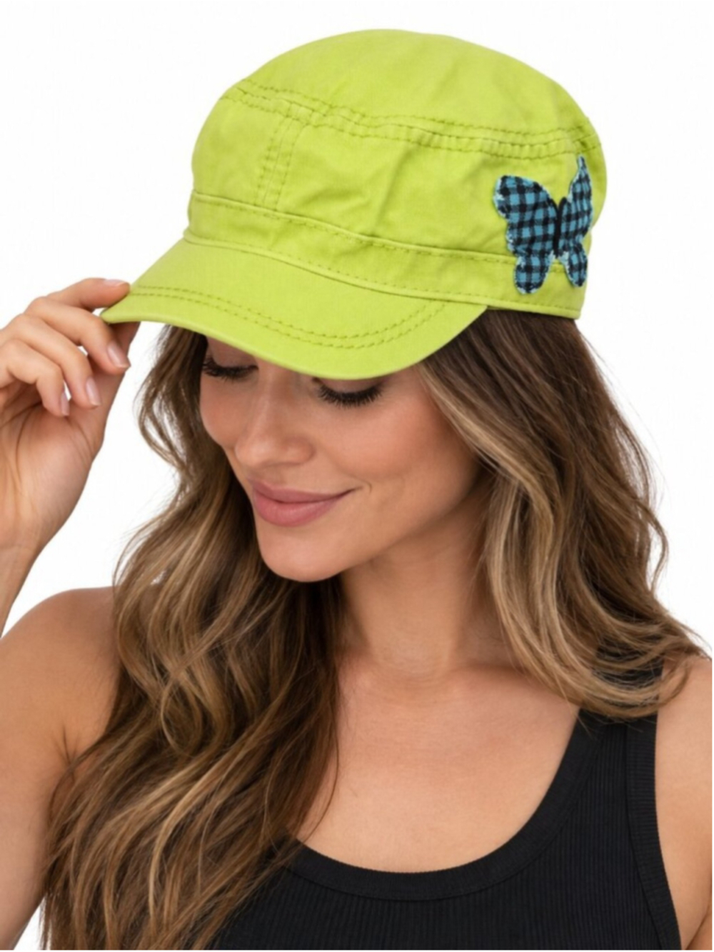 LIFE IS GOOD Newsboy Cadet Cap Lime Blue Plaid OS Butterfly Adjustable Y2K 90